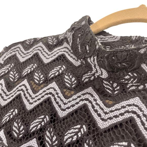 Anna Sui Top Blue Black Chevron Lace Bell Sleeve High Neck Cottagecore Large - Picture 9 of 10